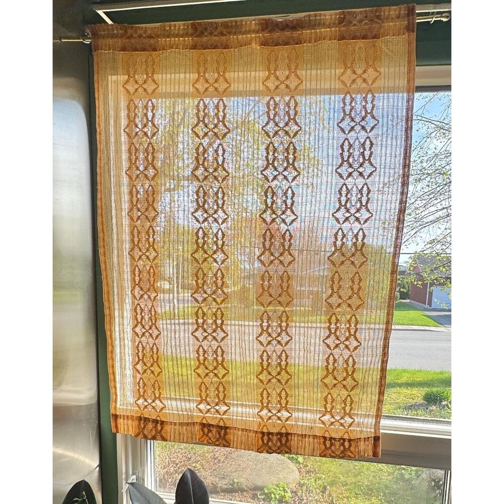 Vintage 70s curtain, orange, yellow groovy pattern, mesh rod header panel